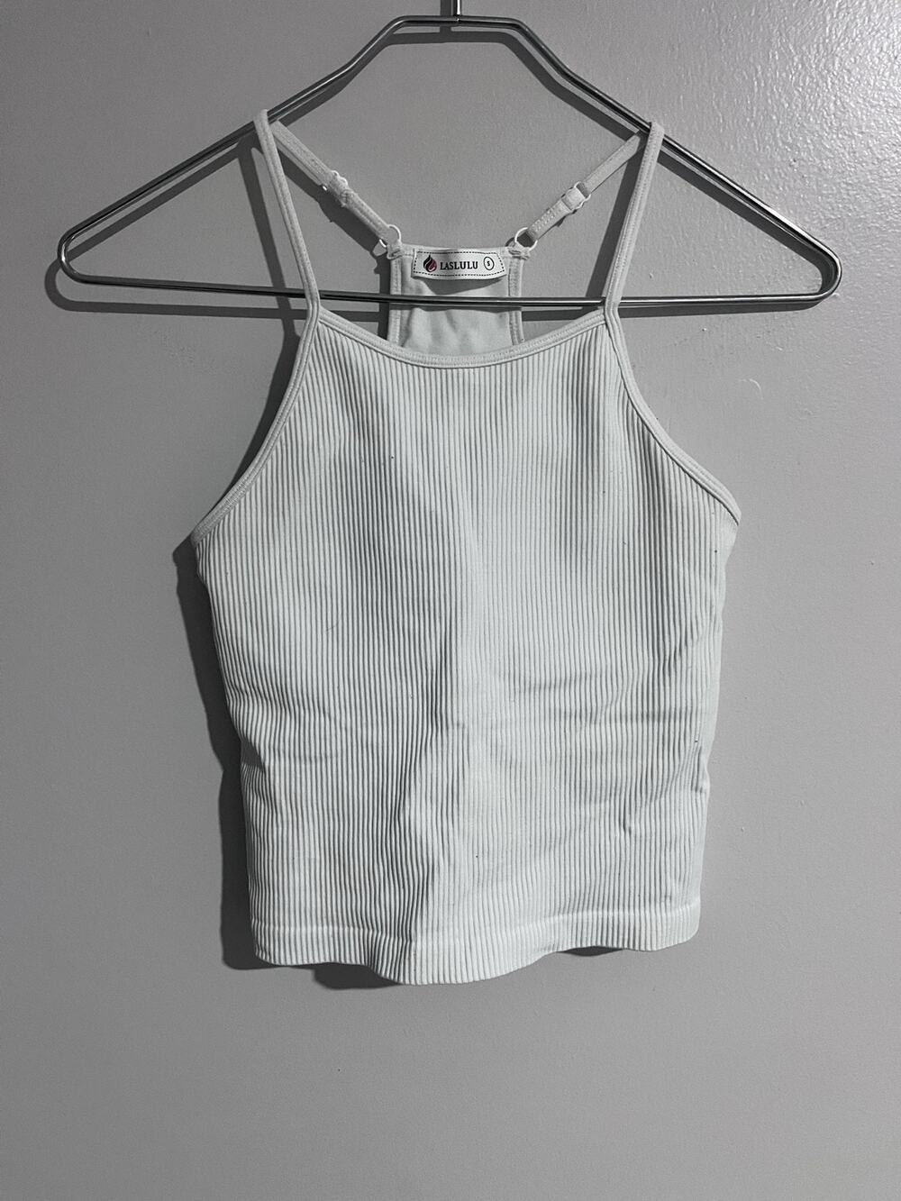 LASLULU Tank Womens S White Ribbed Camisole Strappy Adjustable Summer Stretch